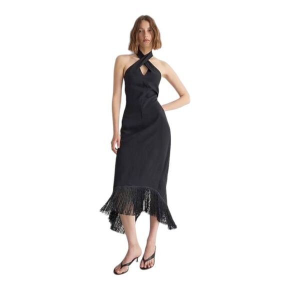 J. Crew Black Crepe Halter Midi Dress | Fringe Hem Cocktail Party Style NWT | 10 - Picture 3 of 15